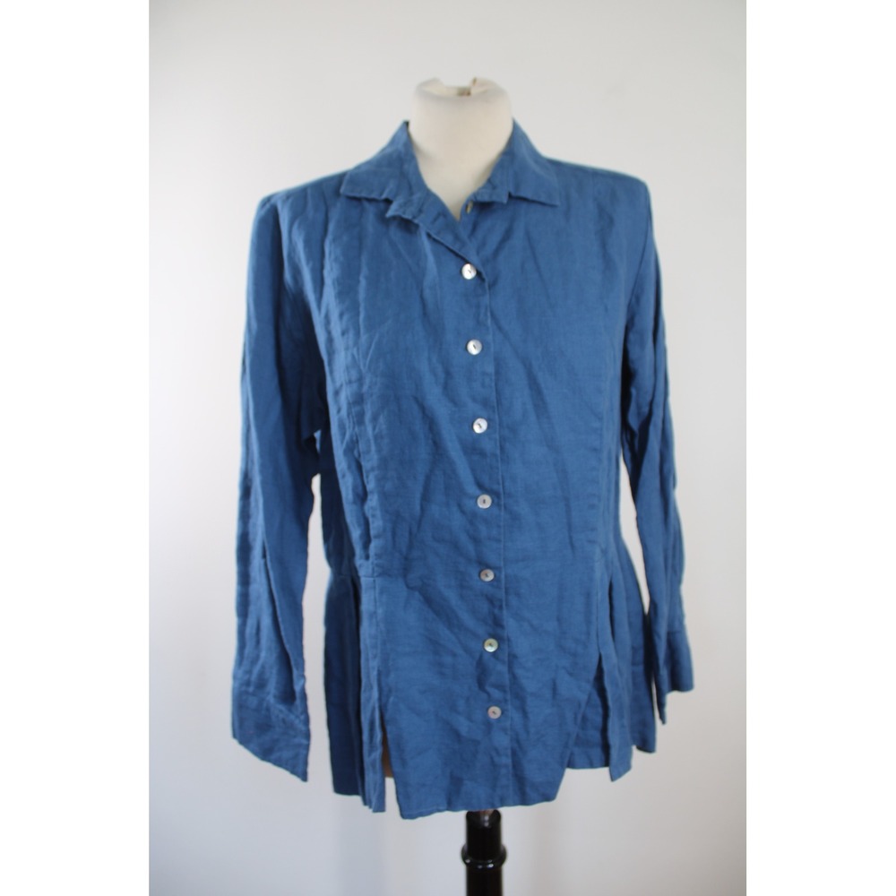 Comfy USA M Blue Linen Button Down Peplum Pleat Long Sleeve Top Lagenlook FL173